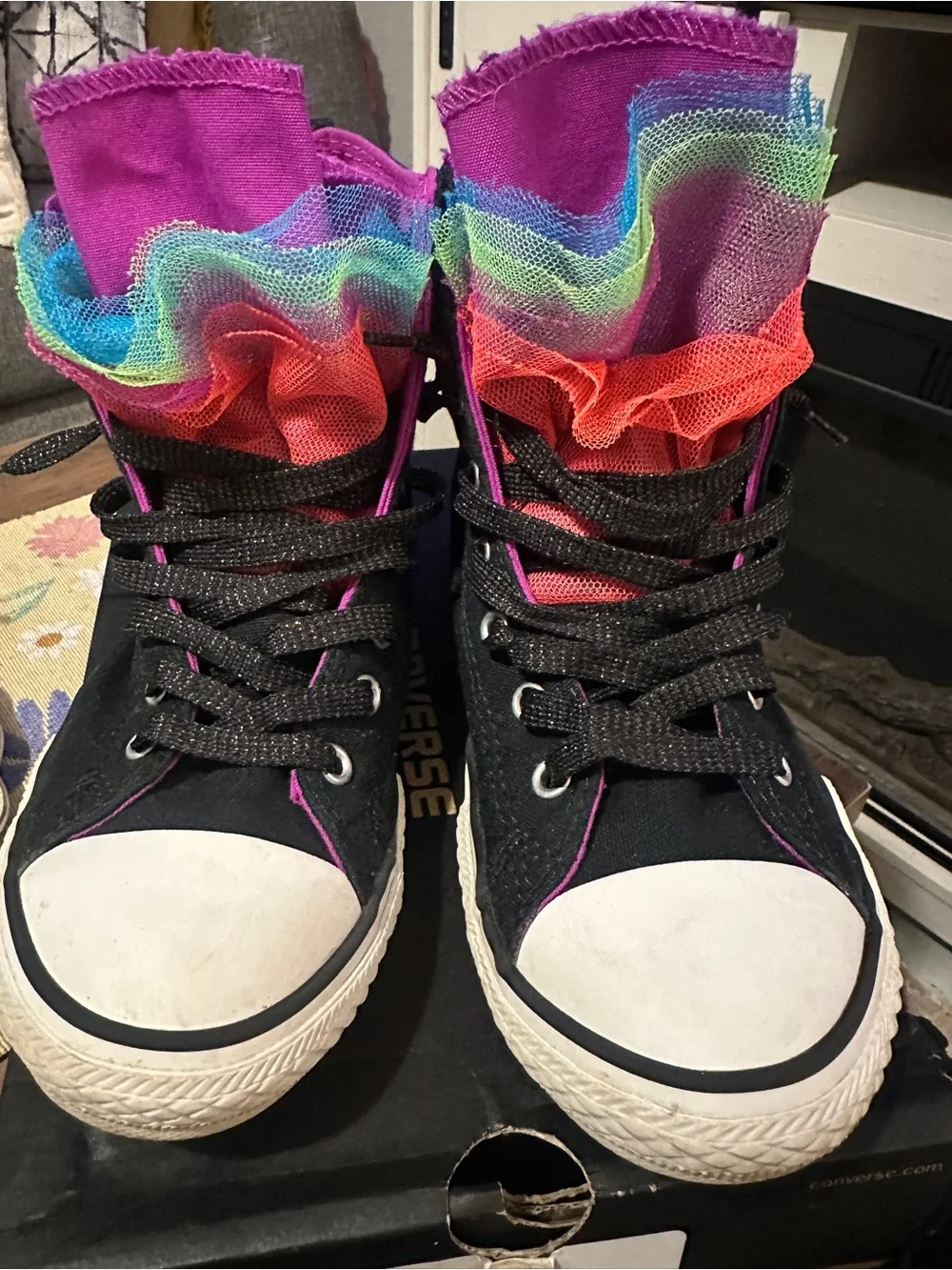 Converse Kids Black High-Top Sneakers with Rainbow Ruffle